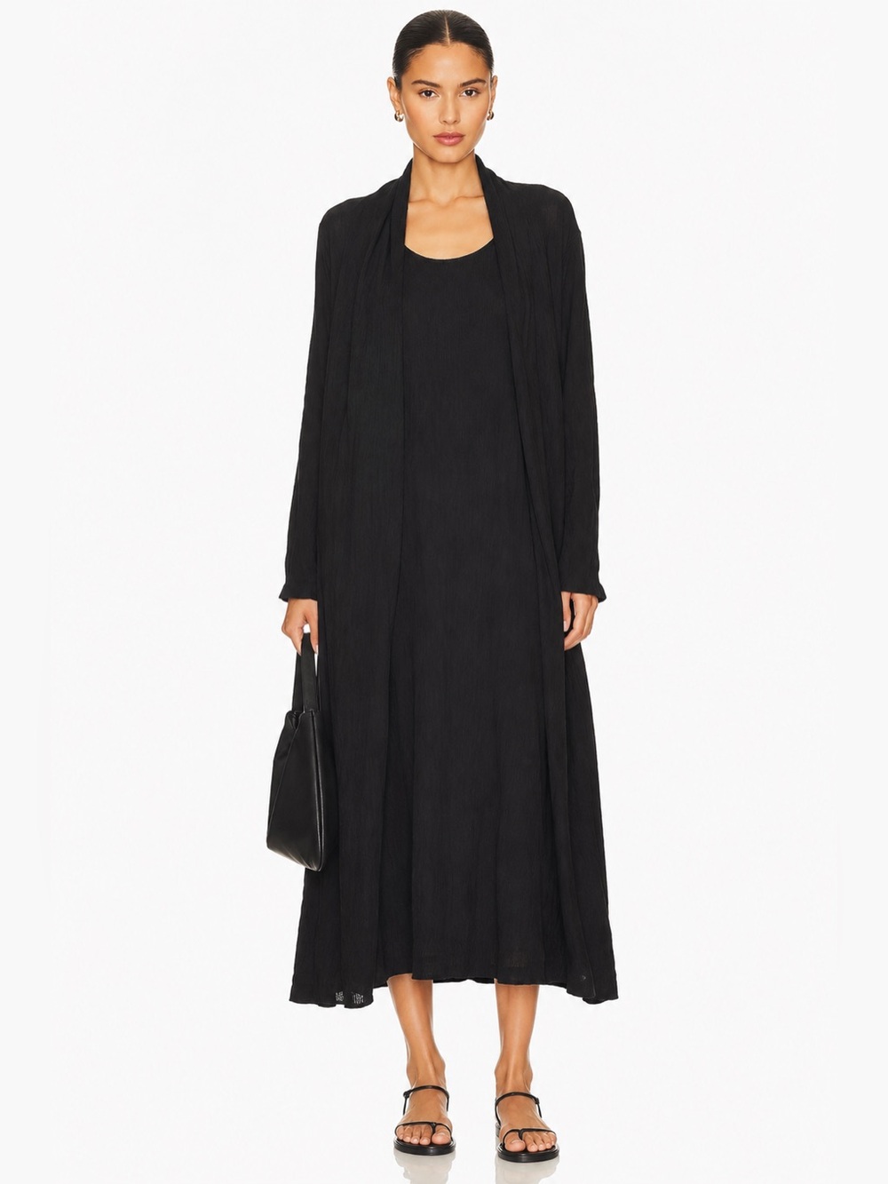 Black Crinkle Layered One-Piece Midi Dress art